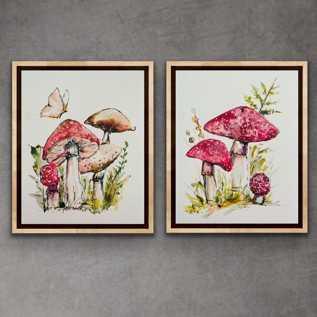 Art Print Mushroom on a log 8x8 Matte Art Print - cute Kawaii red mushroom  cottage core wall art