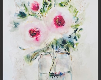 ガラスの花瓶に入った水彩画のピンクのバラ、透明な花瓶に入ったピンク