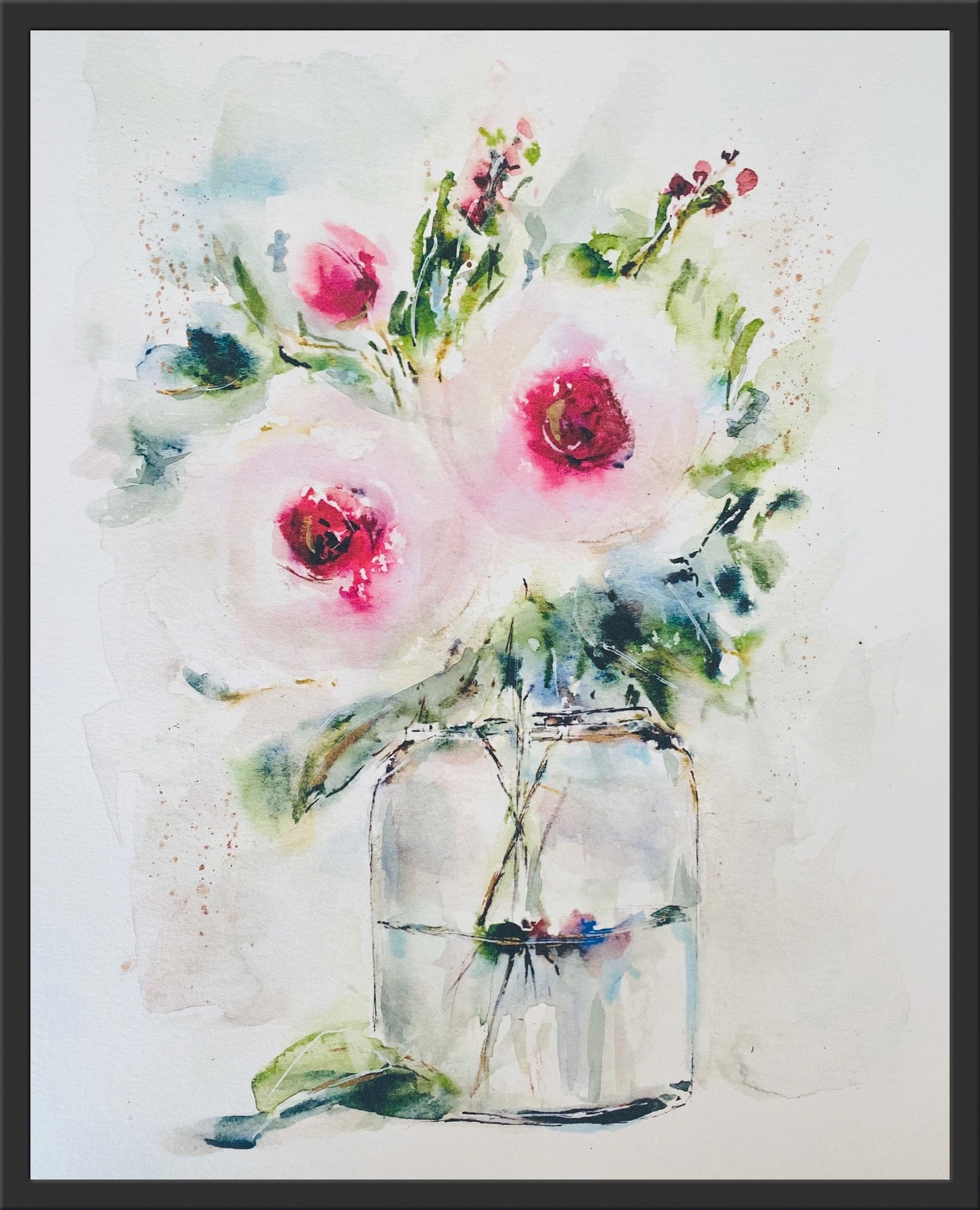 ガラスの花瓶　水彩画　原画 ガラスの花瓶に入った水彩画のピンクのバラ、透明な花瓶に入ったピンク