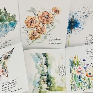 Bundle Of 6 Popular Encouraging Quotes, Watercolour Inspirational Bundle Greeting Cards, Carl Rogers, Ralph Waldo Emerson Art Cards