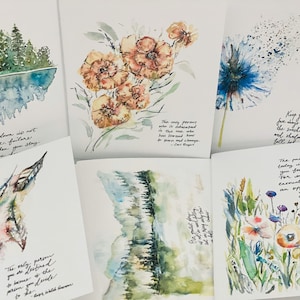 Bundel van 6 populaire bemoedigende citaten, aquarel inspirerende bundel wenskaarten, Carl Rogers, Ralph Waldo Emerson kunstkaarten