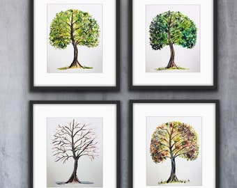 Set of Four Season Trees, All the Seasons Watercolour Trees, Spring, Summer, Fall, Winter Watercolour Tree Prints, Abstract Trees