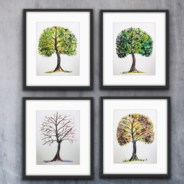 Ensemble d'arbres quatre saisons, arbres aquarelle toutes les saisons, printemps, été, automne, hiver, impressions d'arbres aquarelles, arbres abstraits