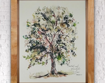 Op de afbeelding: Waterverf schilderij van een boom met groene, bruine en rode bladeren. De boom is geworteld in de grond en heeft een citaat onderaan dat luidt "Geworteld en gegrond in liefde Efeziërs 3:17".