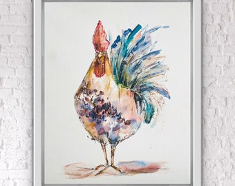 The King Rooster Watercolour Print, Fun Abstract Feathered Rooster Wall Wrt, Farm Animal Rooster Chicken Illustrated Print