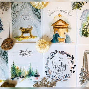 Tarjetas navideñas tradicionales religiosas en acuarela, paquete de 8 tarjetas navideñas, tarjetas de artista de la natividad y el pesebre, paquete de tarjetas cristianas