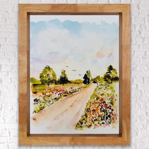 Acquerello Prato Sentiero Campo, Fiori Paesaggio Stampa Acquerello, Cielo Sognante Acquerello Sentiero Arte Murale, Bellissimo Paesaggio Rustico Floreale