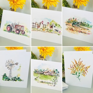 Cartões de felicitações do campo, pacote com 6 cartões com tema de fazenda, papelaria de fazenda rústica em aquarela, ilustrações agrícolas em aquarela