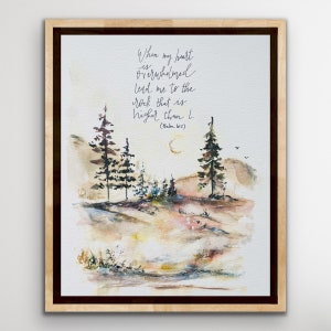 When My Heart Is Overwhelmed Lead Me To The Rock That Is Higher Than I Watercolour Print, Mountain Tree Bible Scripture Art, Handlettering