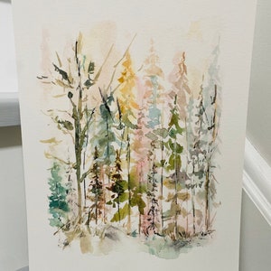May include: Watercolor painting of a forest scene with tall trees in shades of green, brown, and pink. The trees are painted in a loose, impressionistic style, with soft edges and flowing lines.