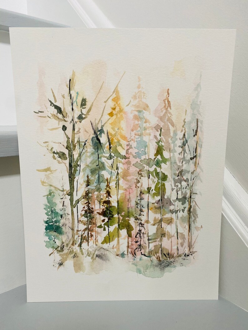 May include: Watercolor painting of a forest scene with tall trees in shades of green, brown, and pink. The trees are painted in a loose, impressionistic style, with soft edges and flowing lines.