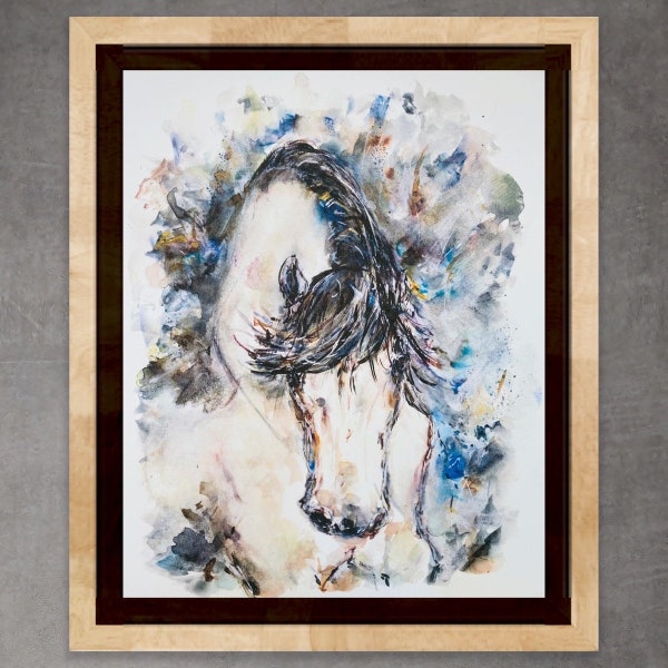 Abstract Watercolor Horse Print, Unique Watercolour Whimsical Horse Artwork, Neutral Horse Print, White Horse Illustration