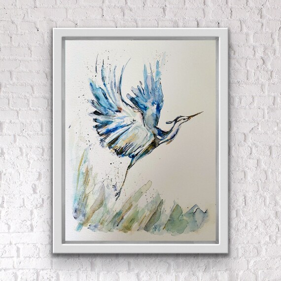 水から飛び出す青いサギの水彩画、抽象的な青いサギの水しぶきのアート