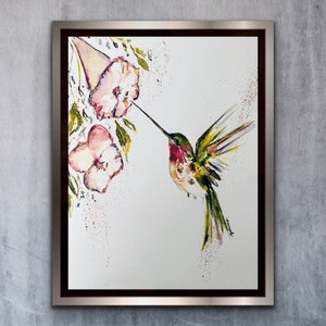 Kolibri fliegt zu Blumen Aquarell Physischer Druck, Smaragdgrüne abstrakte Kolibri Wandkunst, moderner Kolibri zarter Kunstdruck