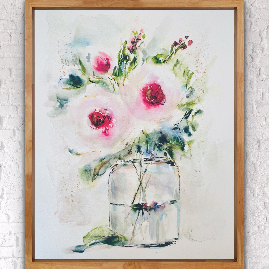 ガラスの花瓶　水彩画　原画 ガラスの花瓶に入った水彩画のピンクのバラ、透明な花瓶に入ったピンク