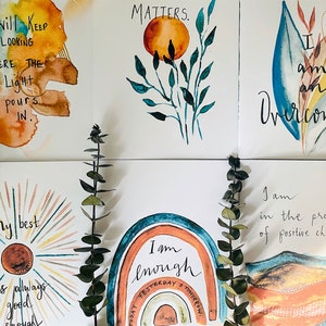 Lot de 6 cartes de voeux aquarelles pour affirmation, carte Je suis assez, cartes pour l'anxiété, cartes bohème voyage de récupération