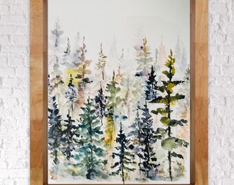 May include: Watercolor painting of a forest scene with a variety of green, blue, and brown trees. The trees are painted in a loose, impressionistic style, and the background is a soft, hazy white.