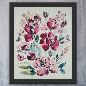 Stampa floreale ad acquerello rosa chiaro malva, stampa murale con farfalle floreali ad acquerello acquoso, stampa per vivaio con eleganti peonie rosa bordeaux