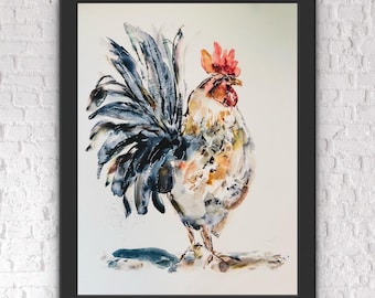 Watery Rooster Art, Whimsical Abstract Rooster Print, Watercolour Chicken Rustic Decor, Farm Animal Wall Art, Rooster Illustration