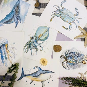 6 Ocean Life Theme Sea Animal Watercolour Prints, Kids Underwater Sea Creature Fine Art Print Illustrations, Whale Art, Squid Art, Shark Art