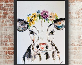 Floral Crown Baby Cow Print, Watercolour Cow with Flowers Painting, Purple Yellow Blue Floral Cow Artwork