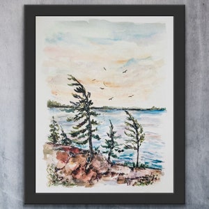 May include: Watercolor painting of a lakeside scene with three trees and a few birds flying overhead. The trees are painted in shades of green and brown, and the water is a light blue. The sky is a soft pink and blue.