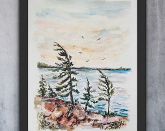 Aquarelle de la baie Georgienne en Ontario, impression de rochers et d'arbres venteux, impression murale falaise au bord de l'eau, impression de coucher de soleil d'arbres de roches de la forêt