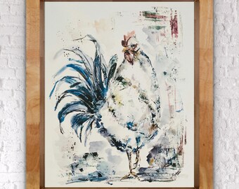 May include: A watercolor painting of a white rooster with a blue tail. The rooster is standing on a light blue and green background.