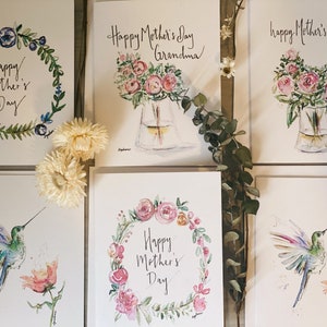 Cartes de fête des mères, lot de 6 cartes de vœux pour la fête des mères, carte de grand-mère, cartes de colibri, lot de fleurs fête des mères, motif rose