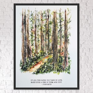 May include: A framed watercolour print depicting a forest with tall trees and a dirt path. The artwork includes the quote: "Of all the paths you take in life, make sure a few of them are dirt." - John Muir.