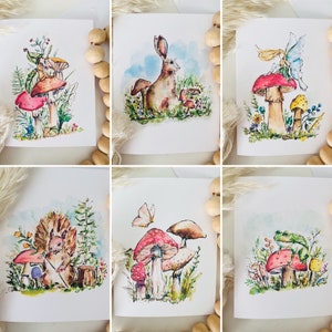 Cartes de voeux champignons féeriques du jardin, cartes vierges créatures aquarelles, jeu de cartes fantaisistes champignons fées elfes, lapin, jeu de cartes jardin amusant