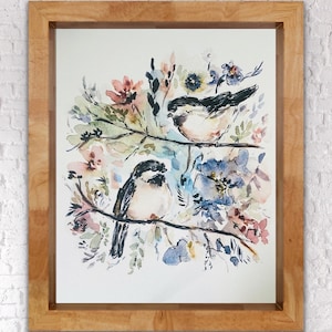 Chickadee Watercolour And Flowers Print, Two Black and White Chickadees On Branch Wall Art, Chickadees and Boho Florals Print