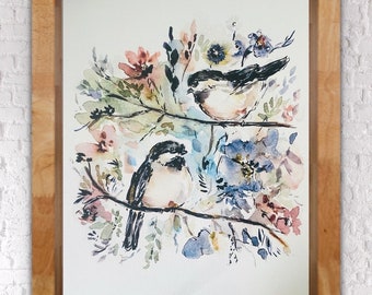 Chickadee aquarel en bloemen print, twee zwart-witte Chickadees op tak kunst aan de muur, Chickadees en Boho Florals print