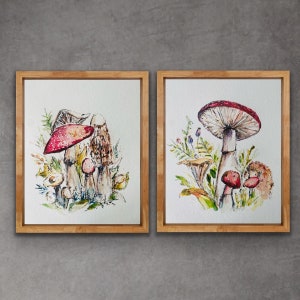 Aquarell Roter verzauberter Waldpilz Illustration Drucke, Pilz und Tierchen Kunstwerk, wunderliche Pilz Aquarell Wand Kunst Set
