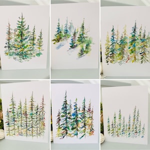 Cartes aquarelle forêt à feuilles persistantes, cartes aquarelle nature vierges, cartes aquarelle abstraites pliées à feuilles persistantes