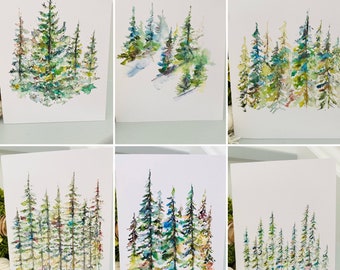 Watercolour Evergreen Forest Cards, Blank Watercolour Nature Cards, Abstract Evergreen Folded Cards