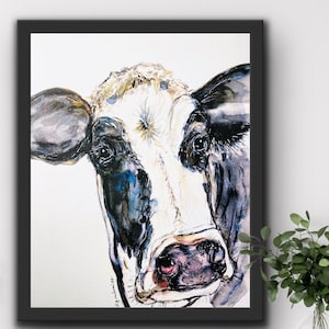 Watercolour Cow Profile Print, Fun Cow Painting, Holstein Cow Wall Art, Farm Animal Print, Pop Art Cow