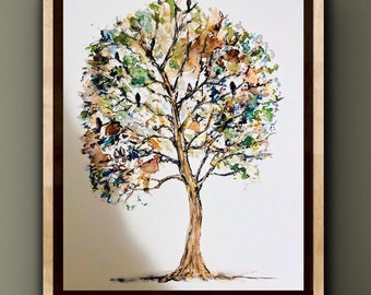 Arbre coloré fantaisiste avec oiseaux, oiseaux perchés dans l'arbre, impression aquarelle oiseaux et feuilles, art mural érable