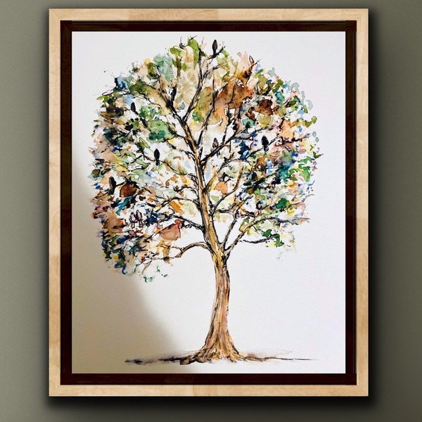 Whimsical Colourful Tree with Birds, Birds Perched in Tree Watercolour Print, Birds and Leaves Maple Tree Wall Art