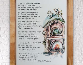 Sit Beside The Fire And Think, Fire Thought Housewarming Print, Brick Fire Classic Story Art, Watercolour Quote Fantasy Lover Art