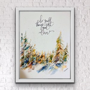 Fai piccole cose con grande amore: alberi astratti ad acquerello, stampa di pini colorati, stampa di alberi ad acquerello, foresta verticale