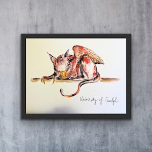 May include: Watercolour painting of a red and white winged creature with a yellow beak, lying down with its wings spread out. The creature is resting on a branch. The painting is signed "University of Guelph".