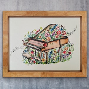 Watercolor Piano and Flowers, Grand Piano With Florals, Music Lover Print, Watercolor Music Teacher Gift, Piano Music Watercolor Print