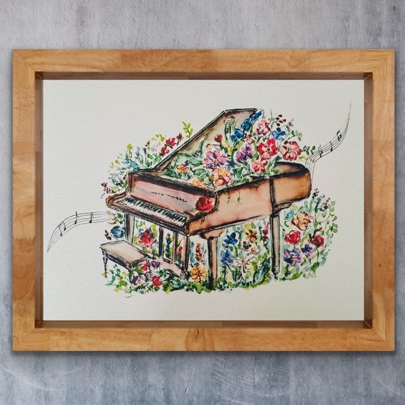 Watercolor Piano and Flowers, Grand Piano With Florals, Music Lover Print, Watercolor Music Teacher Gift, Piano Music Watercolor Print