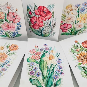 6 Pack Floral Bouquet Coloured Floral Greeting Cards, Colour Pop Floral Bundle Cards, Birth Florals Watercolour Flower Cards