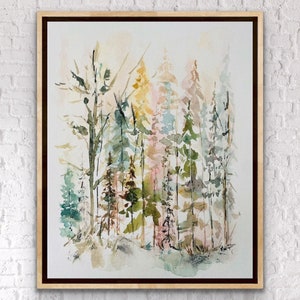 May include: Watercolor painting of a forest scene with a variety of trees in shades of green, blue, and pink. The trees are painted in a loose, impressionistic style, creating a sense of depth and movement.