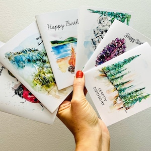 Watercolour Unisex Birthday Cards, Campfire Happy Birthday Card, Banff Scenery Card, Mountainside Birthday Artwork, Blank Birthday Prints