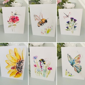 Pakket met 6 kaarten hommellibel lieveheersbeestje en vlinder, blanco lente/zomer insectenkaarten, stationaire insecten