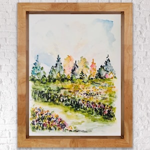 Acquerello Prato Sentiero Campo, Fiori Paesaggio Stampa Acquerello, Cielo Sognante Acquerello Pastello Albero Arte, Bellissimo Paesaggio Rustico Floreale