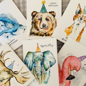 Animal Party Hat Birthday Cards, 6 pack of Happy Birthday Party Animal Illustrations, Watercolour Party Hat Illustrations